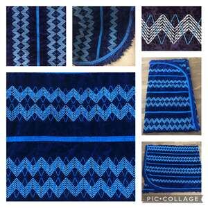 Unbranded 1970s Boho Velvet Bedspread 110x86 Blue Zigzag Fringe Blanket